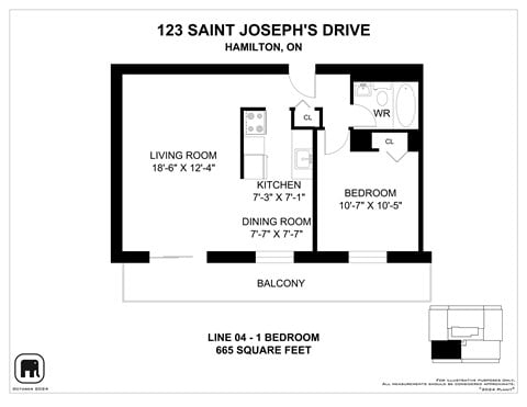 Floor plan for 1 bed, 1 bath, 703 sqft